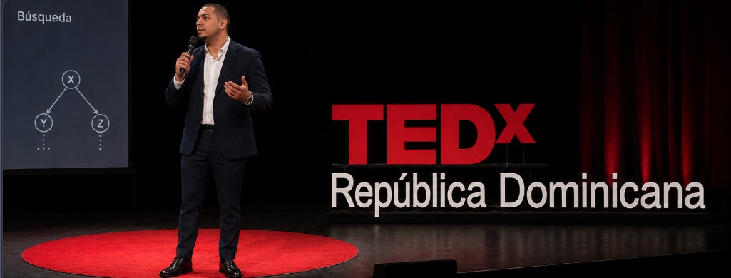 Adonis Nuñez holding a microphone on a stage beside a “Búsqueda” tree diagram and TEDx República Dominicana signage.